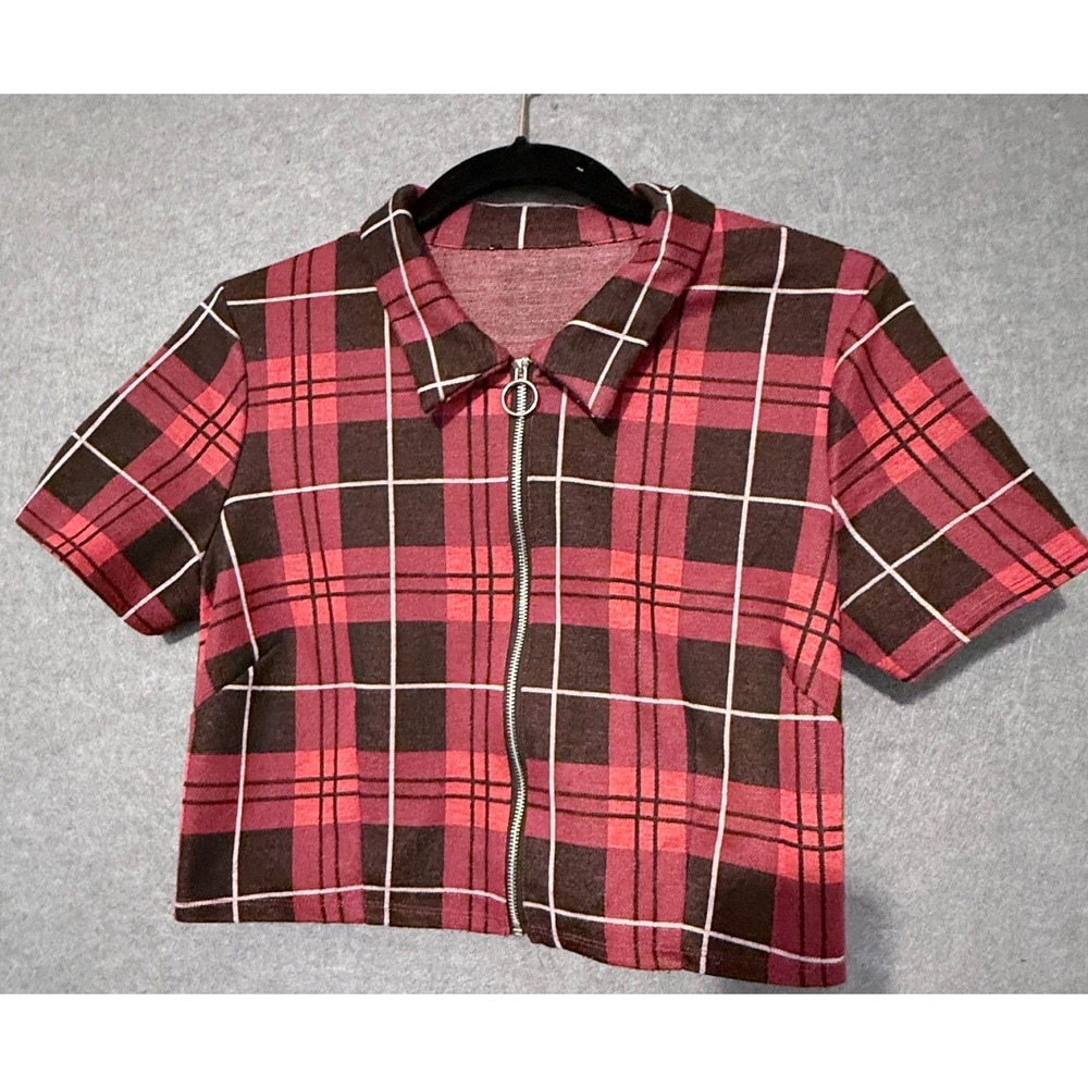 Hot Topic Y2K Plaid Zip Up Crop Edgy Top Red Black Mall Goth O-Ring Grunge Punk